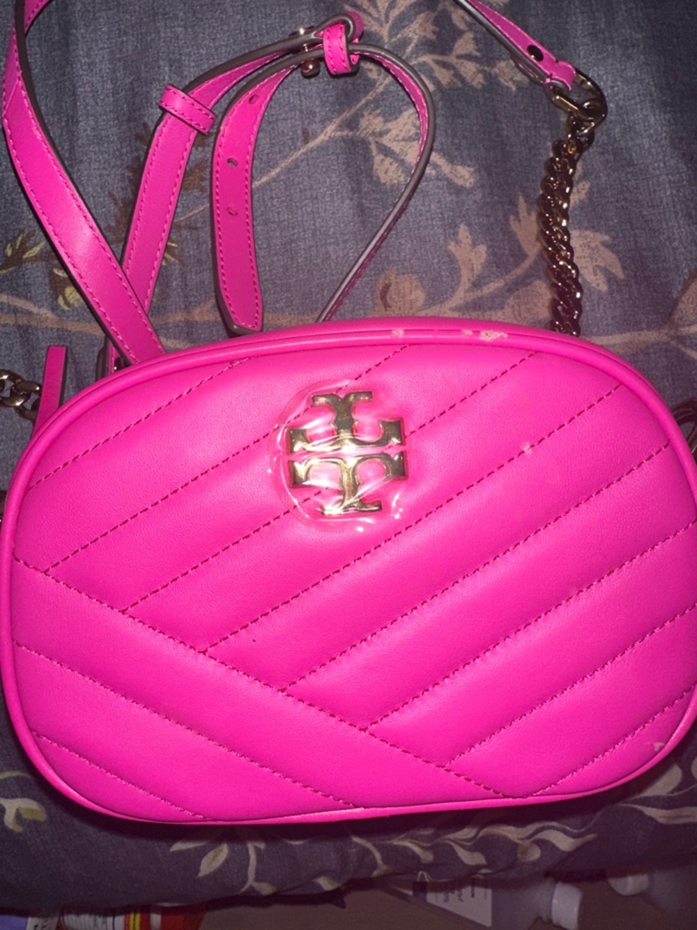 Tory Burch Quilted Crossbody in Bright Pink with Gold Logo slight damage at top